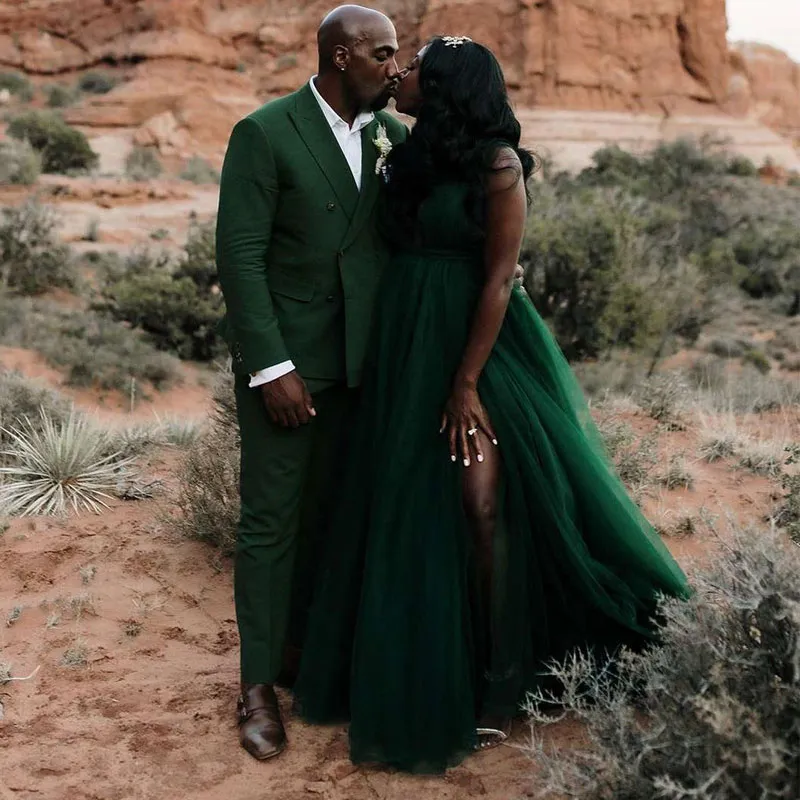 Dark Green A Line Beach Wedding Dresses Deep V Neck Green Gown For Wedding Backless Pleated Sweep Train Tulle Robe De Mariee From Weddingsalon 104.53 DHgate.Com