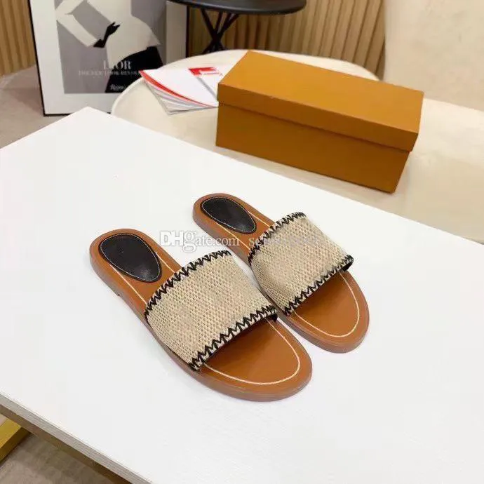 2021 women slippers top quality outdoor banquet Slide shoes pp straw summer leather sandals multicolor flat heel Mule letter Size 35-42