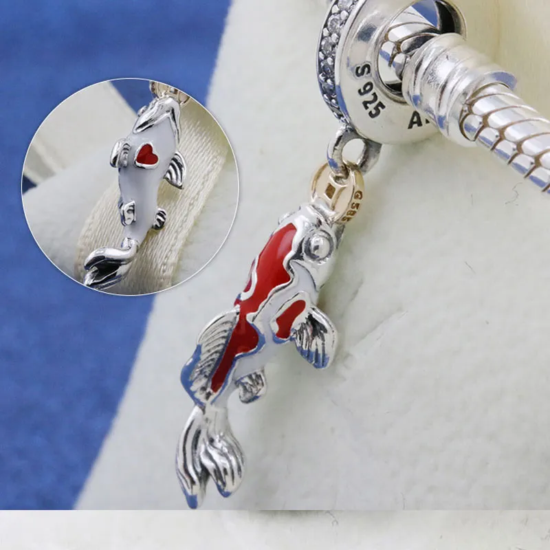 925 Sterling Silver Good Fortune Carp Clear CZ & Mixed Enamel Charm Bead Fits European Pandora Style Jewelry Charm Bracelets