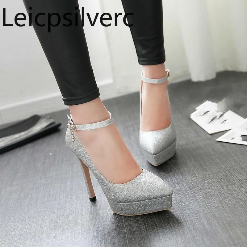 Dress Shoes Pumps Spring And Autumn Style Sequined Cloth Pointed Shallow Mouth Buckle Fine Heel High Women's Shoe Plus Size 33-43