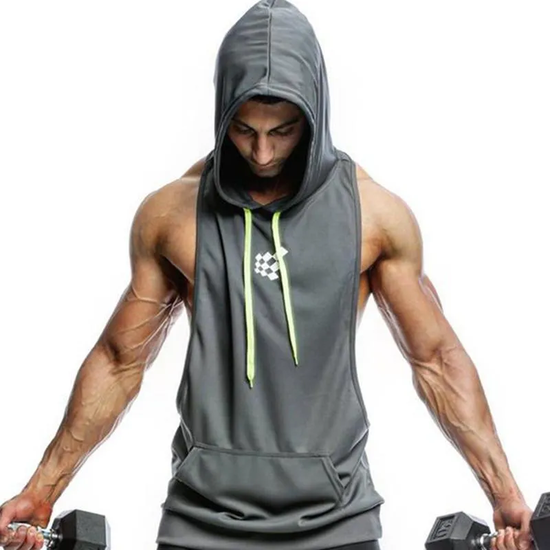 Running Jerseys Zomer Heren Hooded Vest Sport Mouwloze T-shirt Ademend Mesh Fitness Sweatshirt Gym Hoody Bodybuilding Training Tees