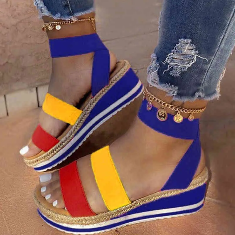 Summer Sandals Women Wedges Platform Hemp Shoes Ladies Candy Color Casual Slippers Slip On Strap Cross Shoes Plus Size 2021 K731