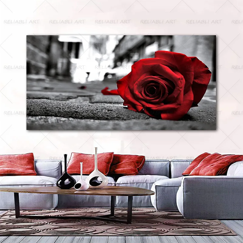 Rote Rose Leinwanddrucke Schwarzweiss Nordic Poster Moderne Wohnkultur Wandkunst für Wohnzimmer Blume Malerei Cuadro Frameles