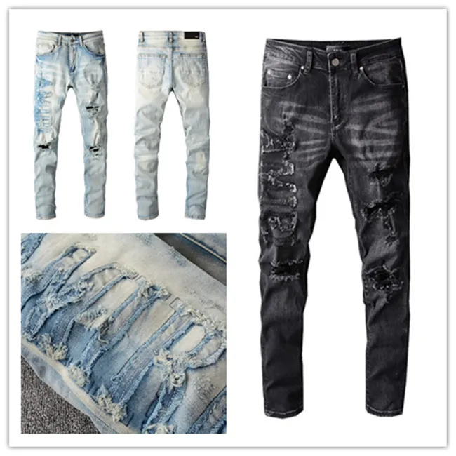 Luxurys Designer Mens Jeans En son listeleme şeritleri mektup denim pantolon moda yırtılmış rahat homme erkek delik pantolon w29-40