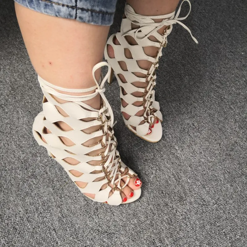 2022 Handmade Elegant Big Size 35-47 Women High Heels Sandals Cut-Out Crisscross Shoelace Evening Party Prom Summer Fashion Shoes D760