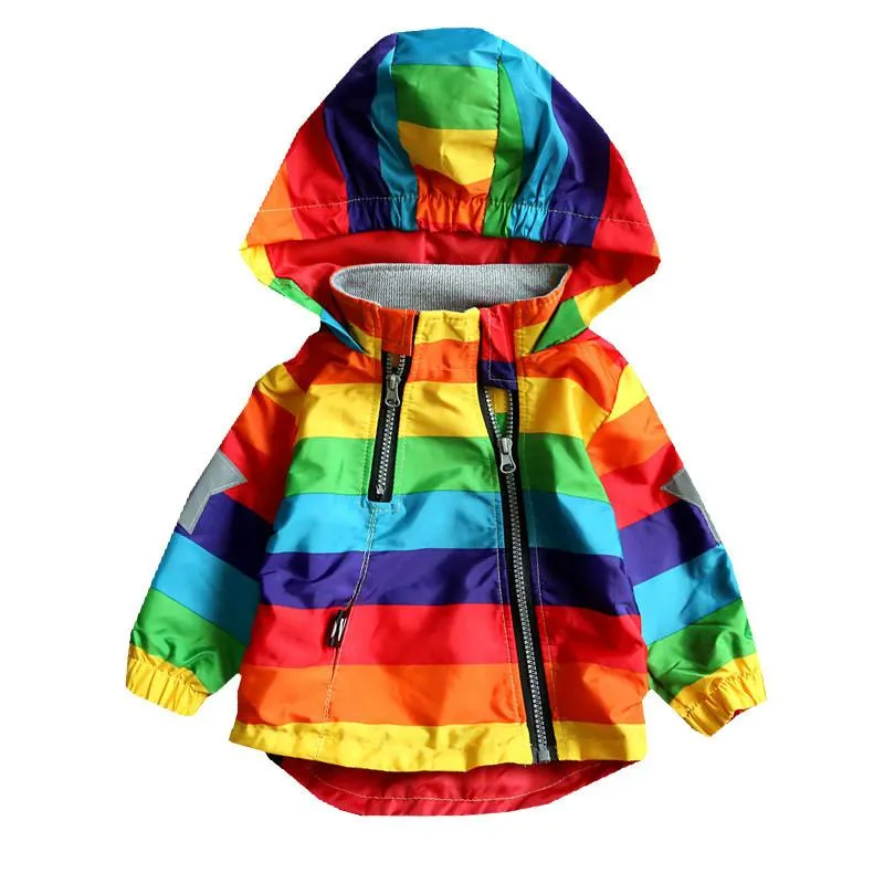 Куртки Радужное пальто для мальчиков и девочек с капюшоном, солнцезащитная, водонепроницаемая, детская куртка на весну-осень, детская одежда, верхняя одежда