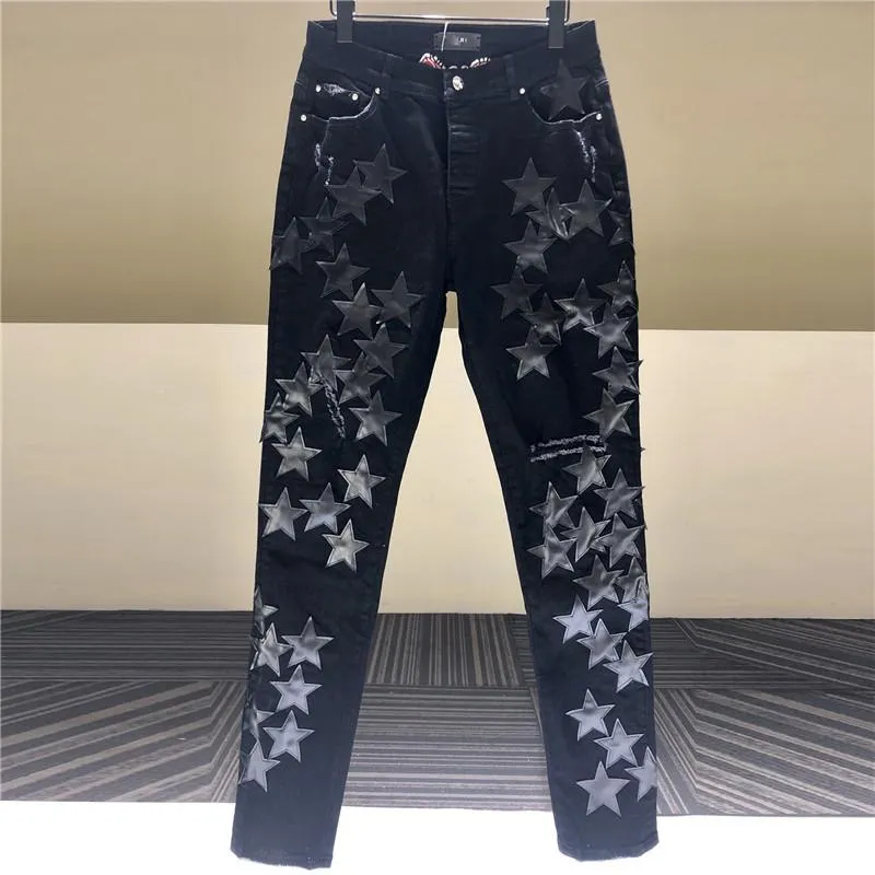 Mäns jeans svartblå stjärnmönster platch street män motorcykel pant punk denim 3 färg hip hop jean pantalon homme trendy229m