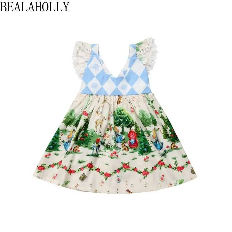 Bealaholly Lato Girl Dress Diamond Mosaic Cartoon Latający Rękaw Sukienki Princess Dress dla 1-6y maluch Dress Q0716