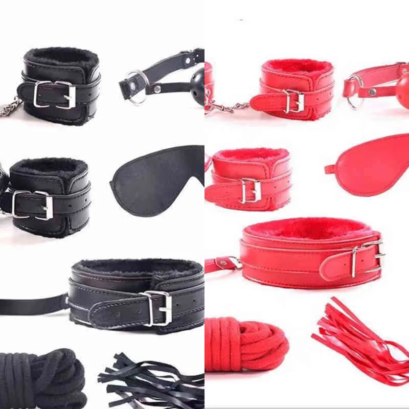 Nxy Sm Bondage 7 pièces ensemble pour femme ensemble en cuir Pu menottes sexuelles menottes fouet corde masque pour les yeux bandeau jouets érotiques Couples 1223