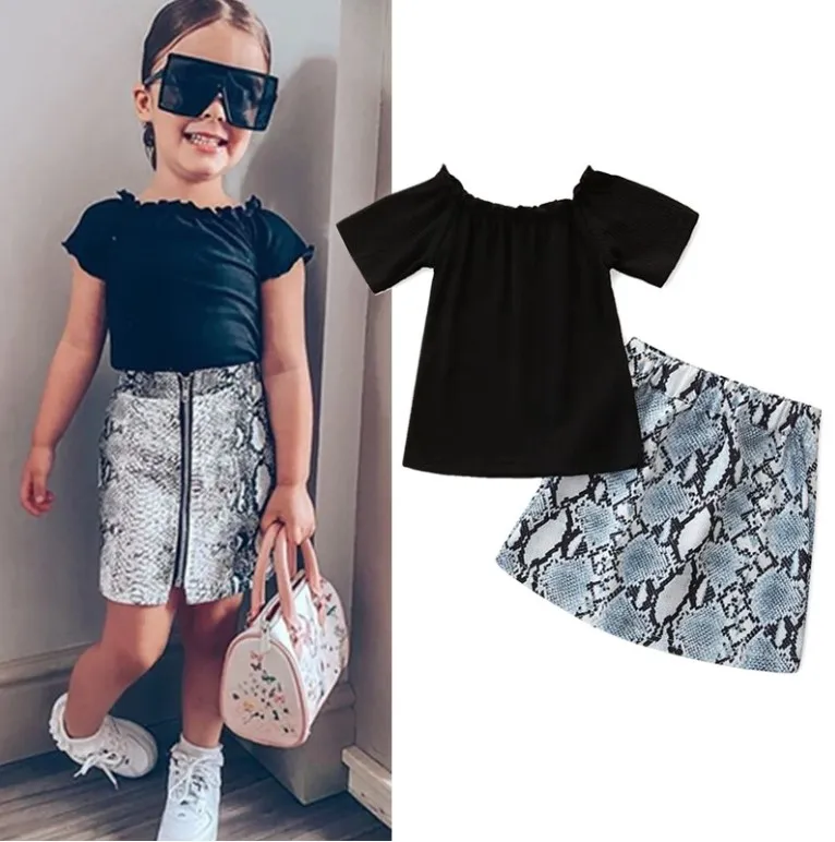2021 Toddler Barnkläder Set Baby Girl Short Sleeve Svart Top T-shirt Zipper Snakeskin Print Kjolar Outfits Kläder 2st sommar