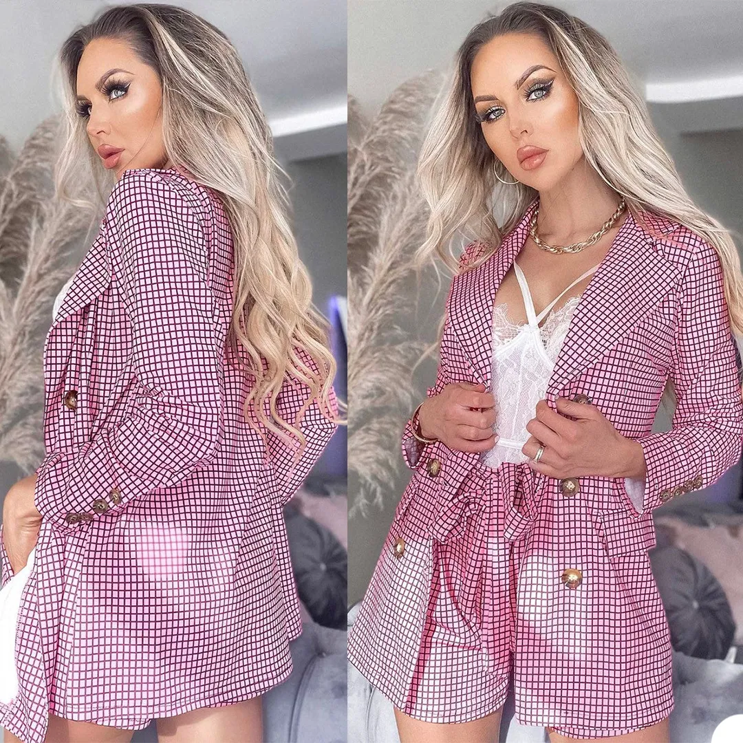 Pembe Ekose Ünlü Kadın Blazer Pantolon Takım Elbise Yaz Kısa Seksi Lady Örgün Parti Balo Kırmızı Halı Kıyafet Ceket (Ceket + Pantolon)