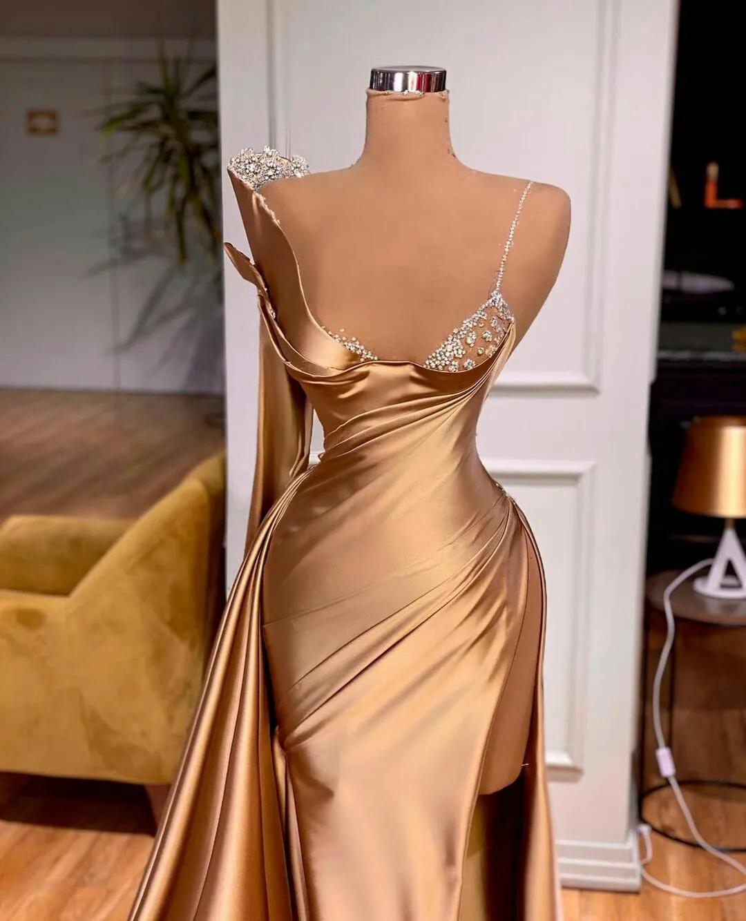 slim fit dress slacks Gold Beaded Corset Gown – Sleek Satin Evening Dress with Draped Skirt