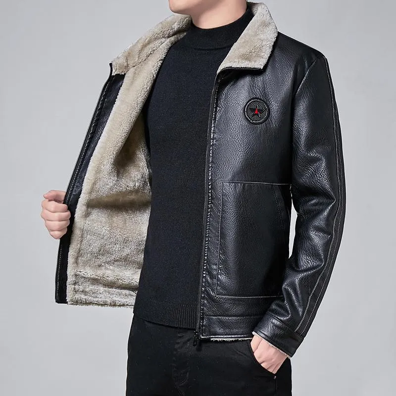 Herrjackor Vinterläderjacka och -kappa Herr Varm pälsfleece Tjock Pu Biker Vintage Motorcykel Utomhus Casual Windbreaker