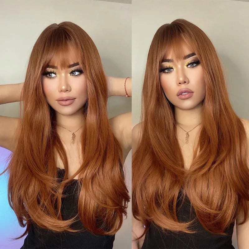 Perucas sintéticas Easihair Longo Marrom Vermelho com Bangs Cabelo Natural para Mulheres Daily Cosplay Calor Resistente