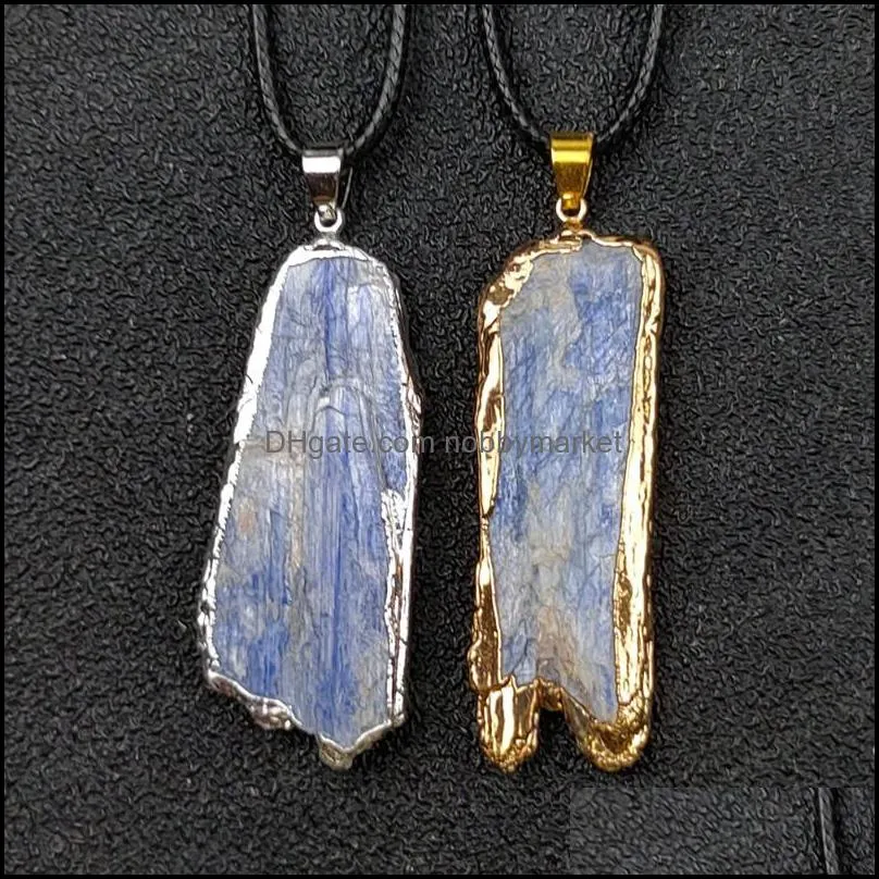 Irregular Natural Kyanite Pendant Rough Stone Gilded Edge Sweater Chain Mineral Crystal Specimen Necklace Rope Chain