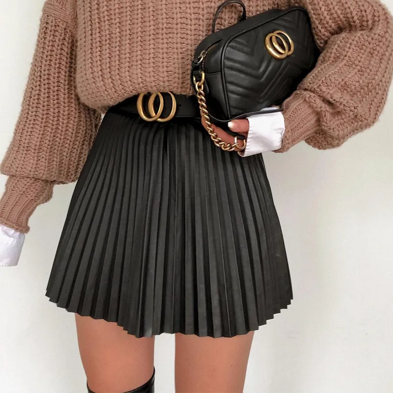 High Waisted Leather Pleated Skirt For Women Black A Line Street