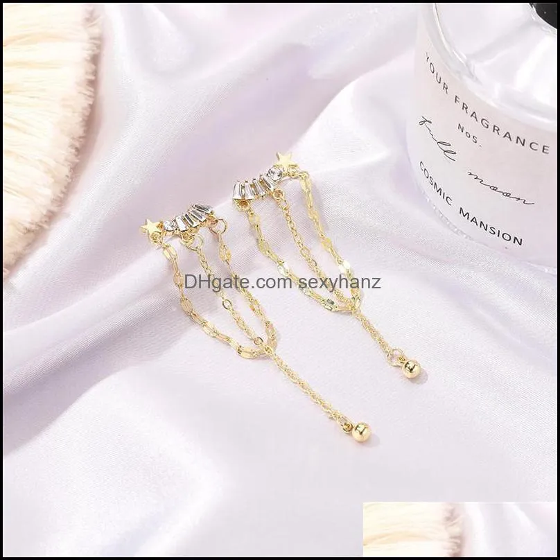 Women Five-pointed Star Dangle Earrings Diamond Tassel Chain Ear Drop European Alloy Business Wind Gold Jewelry Accessories Wholesale