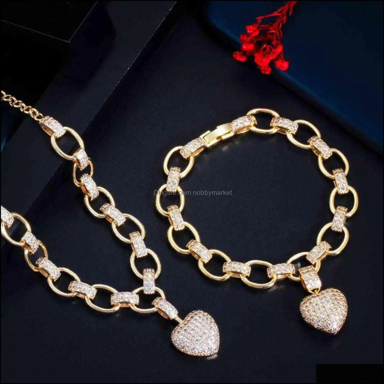 Cwwzircons Gold Color Cubic Zirconia Dangle Love Heart Shape Charm Bracelet Pendant Necklace Women Costume Jewelry Set T