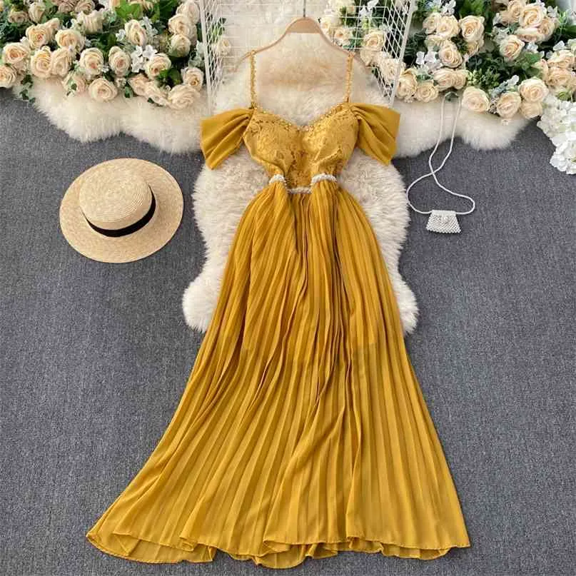 Lady Party Wear Femmes Sexy Slash Cou À Manches Courtes Vacances Robe Plissée Couleur Solide Élégant Vintage Robe De Mujer Q738 210527