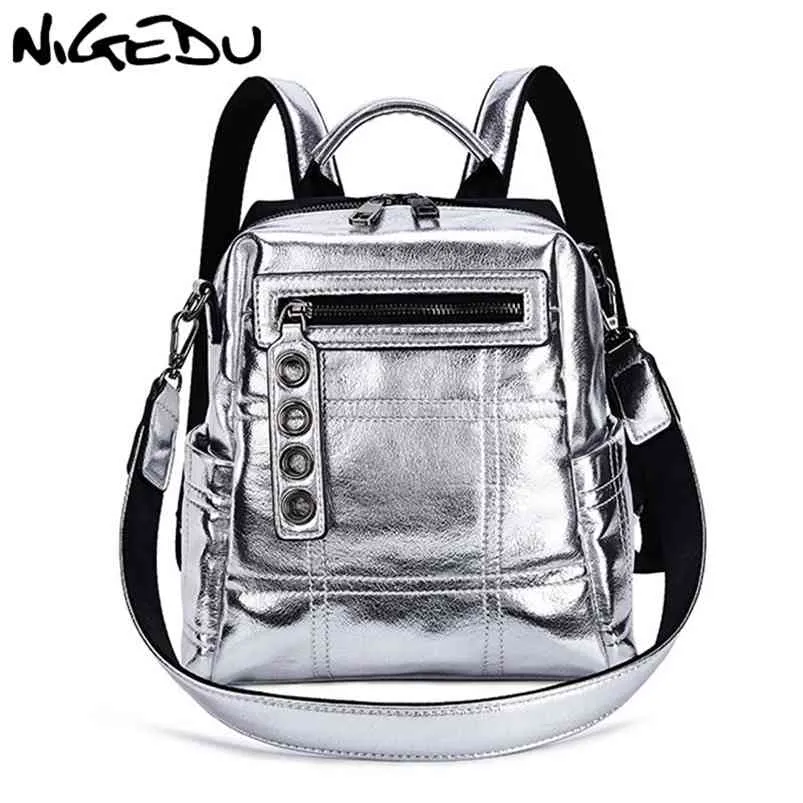 NIGEDU Glitter Backpack Women Shoulder bag Multifunction Backpacks For Teenage Girls Schoolbag Female Rucksack Travel Bag Silver 210922