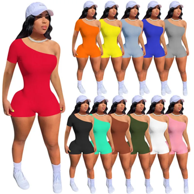 Damen-Strampler, gerippt, dünn, Modetrend, einfarbig, eine Schulter, Tops, schmale Shorts, Playsuit, Designer, Sommer, weiblich, lässig, figurbetont
