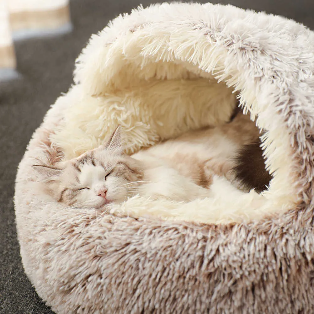 40/50cm Super Soft Cat Dog Bed Kennel Winter Warm Round Dog Puppy Sleeping Cushion Long Plush Pet Mat House 210713