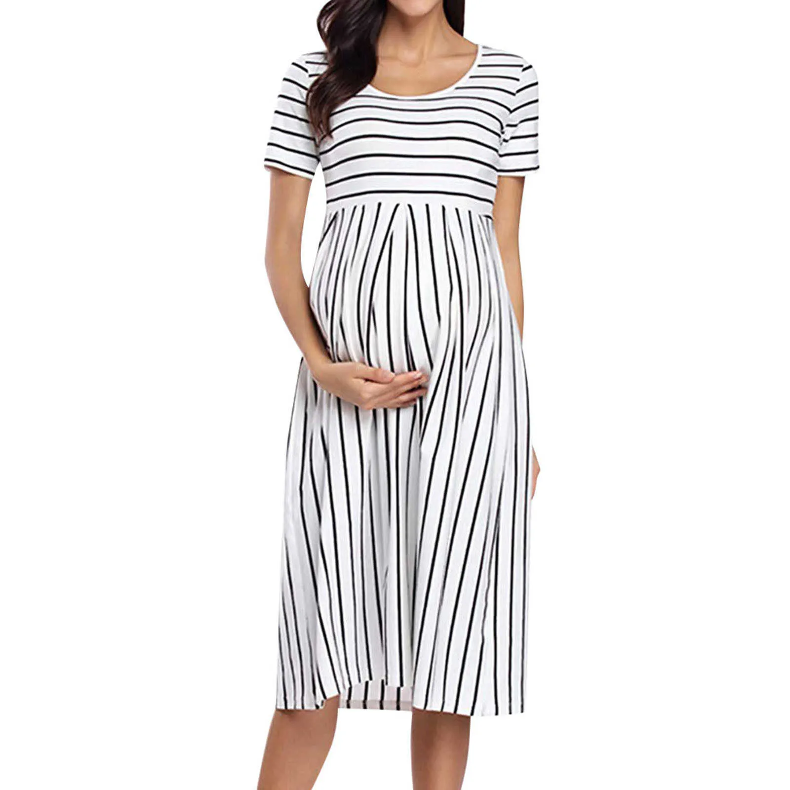 Causal Mujer Maternidad Vestido de enfermería O-cuello Raya Manga corta Lactancia Embarazada Ropa de maternidad Zwangerschaps Kleding Y0924