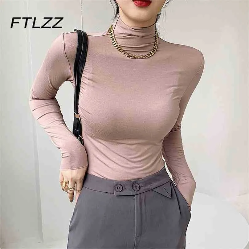 Lente Zomer Modal T-shirt voor Vrouw Mode Lange Mouw Turtleneck Tops Koreaanse Vrouwen Sexy Tee Shirts 210525