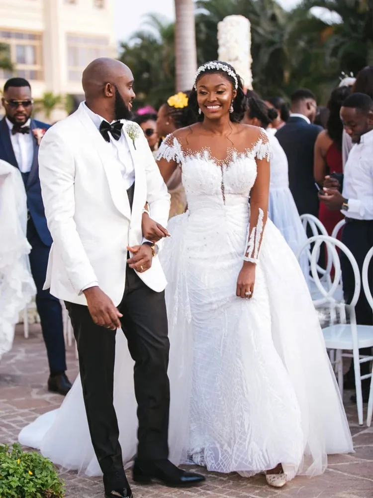 Mermaid lace wedding dress with sleeves cheap