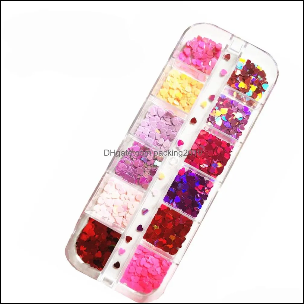 12 Grids Heart Nail Glitter Flakes 3D Sweet Sequins Design Nail Art Accessories Decals Valentines Day Decorations Manicure PPD4464