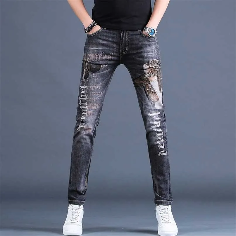 Stylish High Quality Mens Elastic Washed Denim Printed Jeans, Light Luxury Slim-fit Casual Jeans,Young Boys Must; 211108