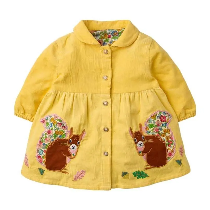 Bebek Kız için Frocks Marka Sonbahar Giysileri Hayvan Aplike Toddler Kadife Peter Fan Yaka Sarı Güz Elbise Çocuklar Için 2-7 Yıl 211027