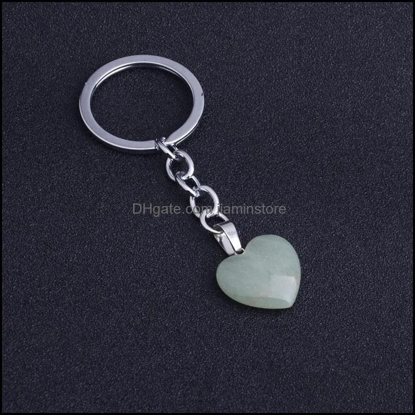 Natural Crystal Stone Heart Shape Pendant Key Rings Healing Keychains For Women Men Jewelry Bag Decor