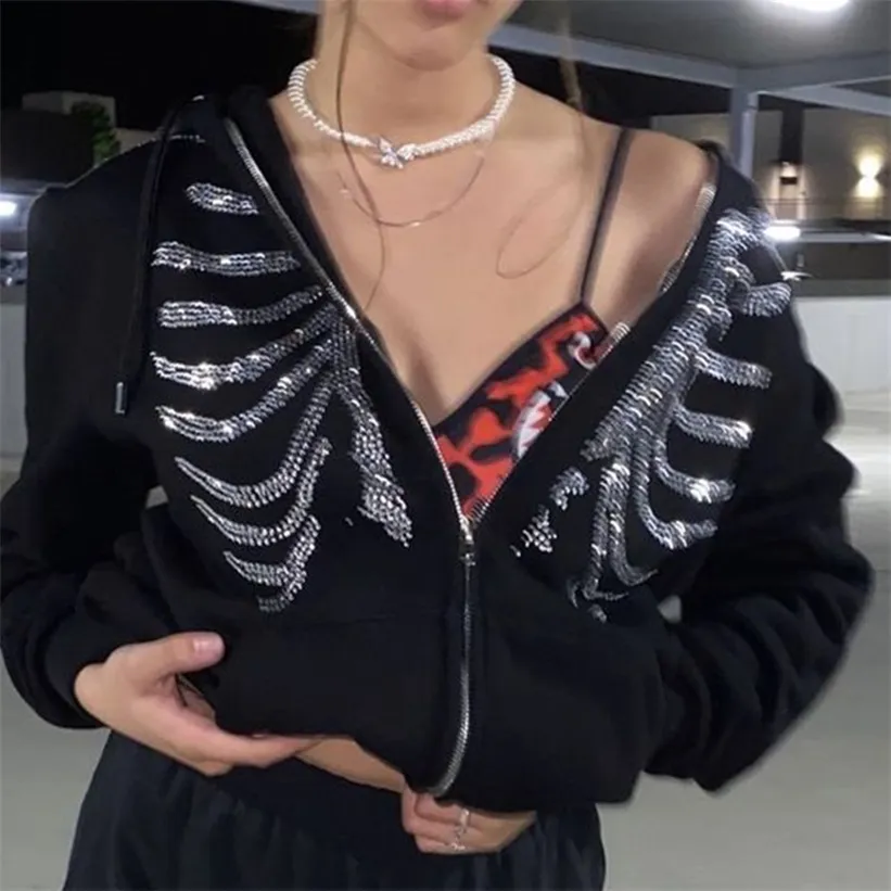 Moda Kadın Hoodies Y2K İskelet Zip Up Boy Tişörtü Goth Grunge Kapşonlu Ceket Blackpink 220314
