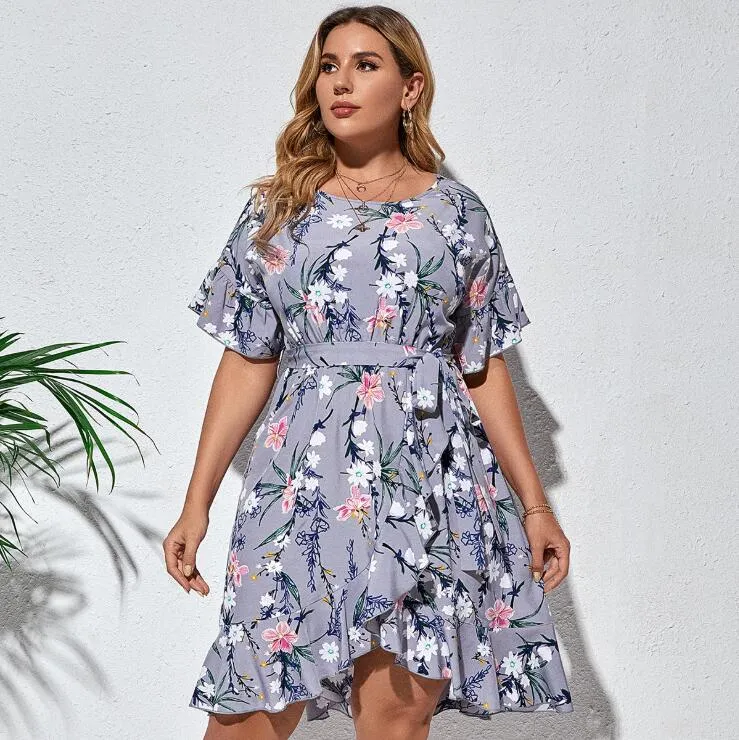 Striped stitching plus size floral dress