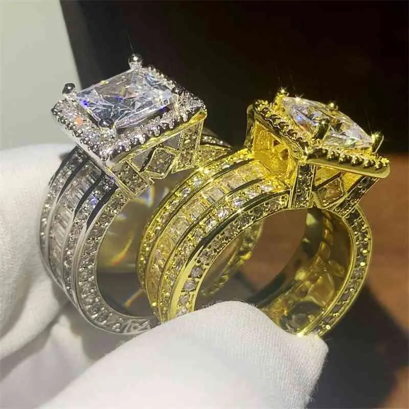 Unique Luxury Jewelry 925 Sterling Silver&Gold Fill Princess Cut Big 5A CZ Party Promise Women Wedding Band Ring Gift