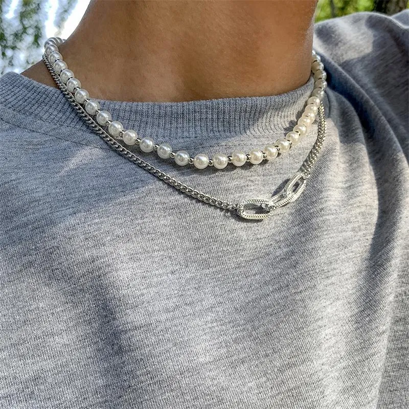 Chains Retro Geometric Design Imitation Pearl Double Layer Necklace Creative Hip Hop Style Men And Women Same Jewelry Accessories Gif