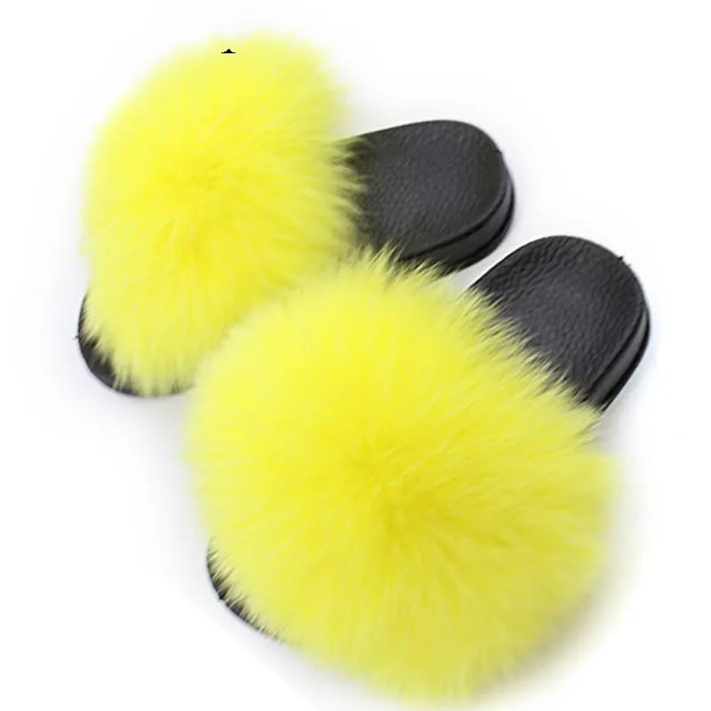 Coolsa Slippers Real Fur Slides Fluffy Fox Hair Sandals PU Flat Women Fuzzy Home Flip Flop Beach Shoes