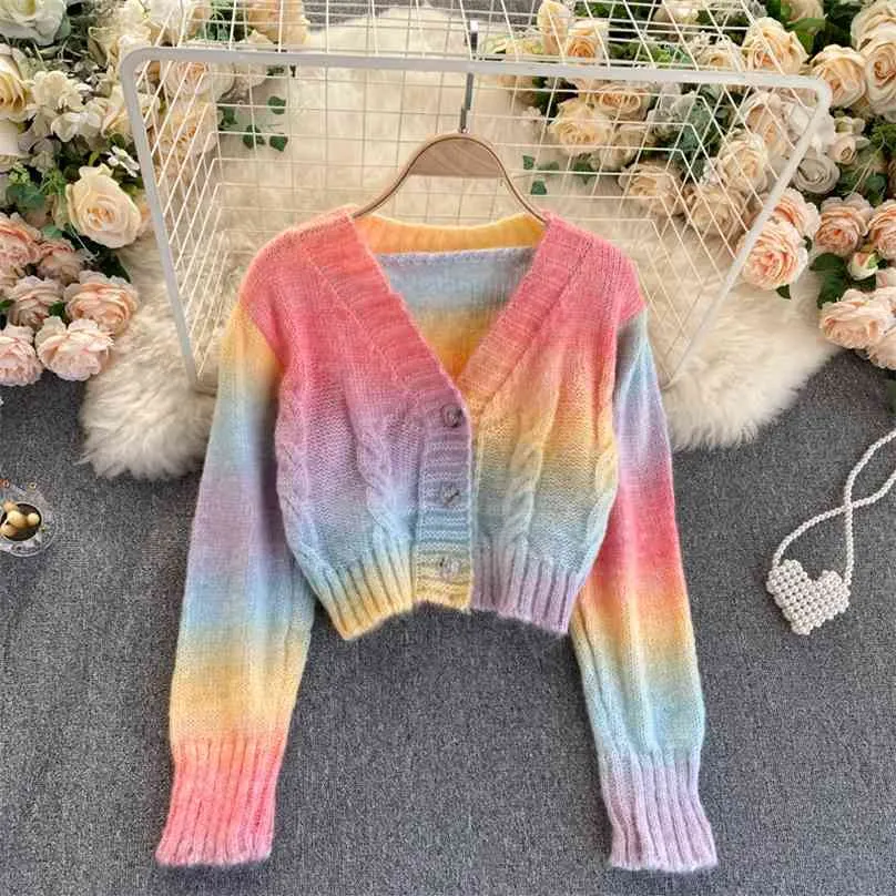Korean Style Rainbow Striped Soft Knitted Sweater Jacket for Women