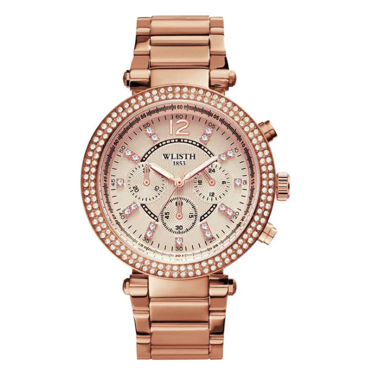 Stainless Steel Strap Lignt Luxury Elegant Womens Watches Perfect Moment Full Diamond Round Dial Quartz Rose Gold Hardlex Wrist Watch WLISTH Brand