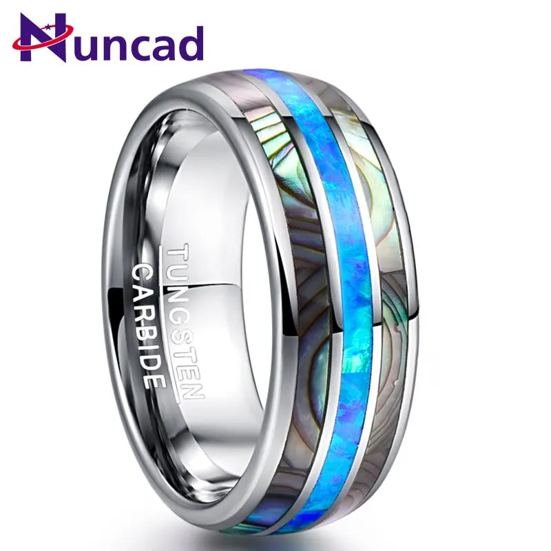 Wedding Rings Nuncad 8mm Blue Opal Tungsten Carbide Inlaid Natural Shells Anniversary Party Jewelry Gift Silver Color Drop