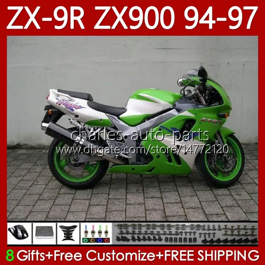 MOTO Carrozzeria per KAWASAKI NINJA ZX 9R 9 R 900 CC ZX9 R ZX900C 94-97 Corpo 100No.42 ZX900 900CC ZX-9R ZX9R Bianco verde 94 95 96 97 ZX-900 1994 1995 1996 1997 Kit carenatura OEM