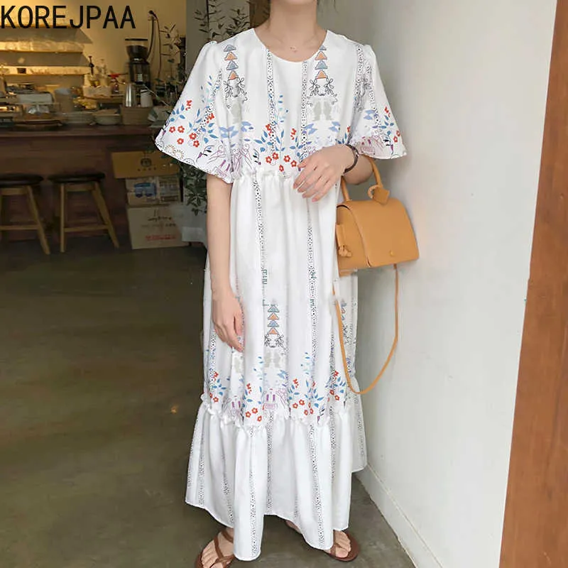 Korejpaa femmes robe été coréen Chic rétro Style col rond impression en bois oreille couture lâche manches bouffantes Vestidos 210526