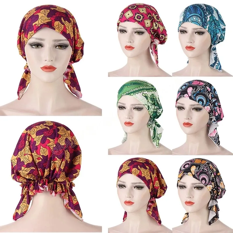 패션 인쇄 여성 터번 모자 서양 스타일 세련된 곡선 꽃 헝겊 이슬람 비니 모자 부드러운 통기성 바오 토우 모자