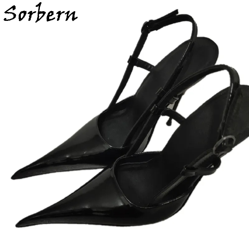 Sorbern Mature Slingback Black Shiny Women Pump Shoe High Heels Metal Thin Stilettos Ladyboy Shoes Night Club Footwear Custom