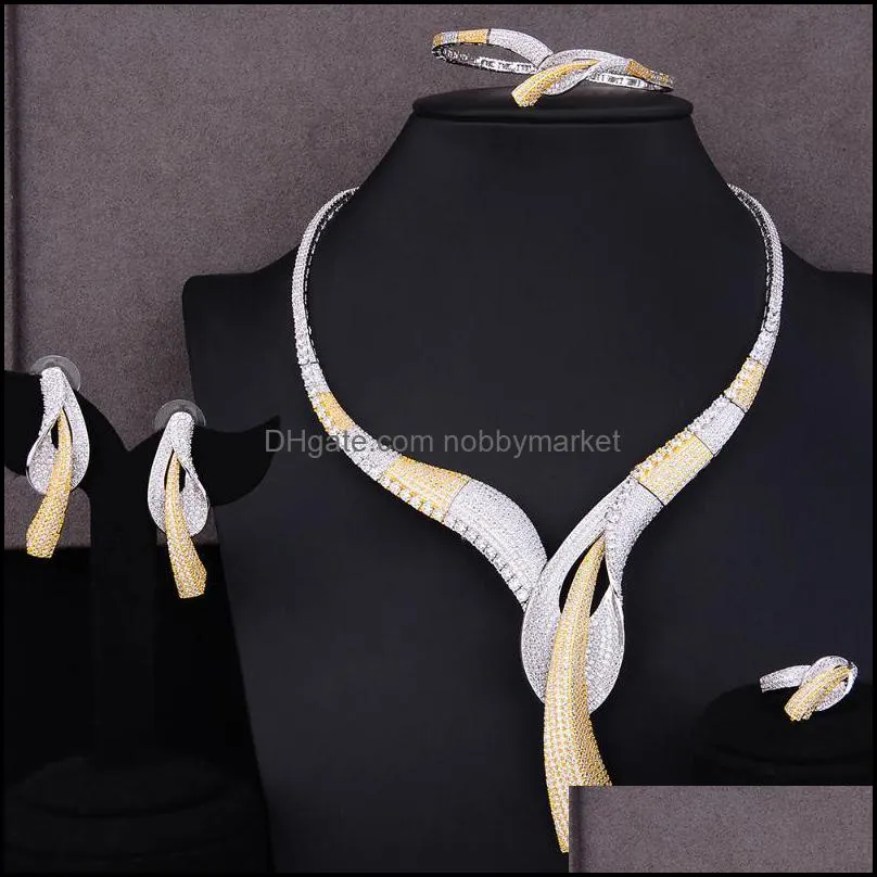 Earrings & Necklace Blachette 4PCS Women Wedding Banquet Luxury Bowknot Flowers Cubic Zirconia Choker Earring Dubai Trendy Jewelry