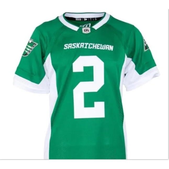 Anpassade 2020 män Saskatchewan Roughriders DL Micah Johnson #2 Real Full Brodery College Jersey eller något namn eller nummer Jersey