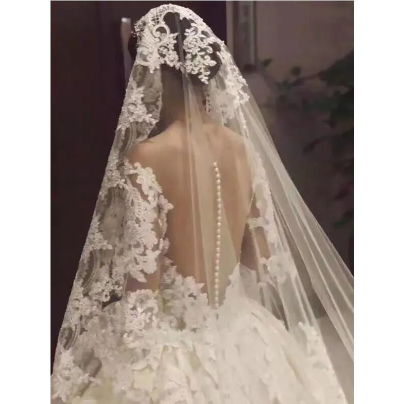 Bridal Veils Real Pos Long Lace Wedding Veil 4 Meters White Ivory With Comb 1T Bride Accessories Vail Velos De Novia265U