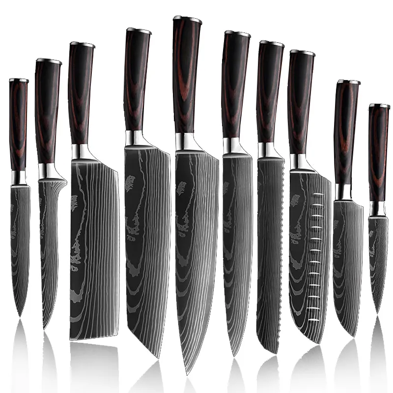 다마스커스 레이저 패턴 주방 세트 knifes 3-10 조각 요리를위한 요리사의 칼