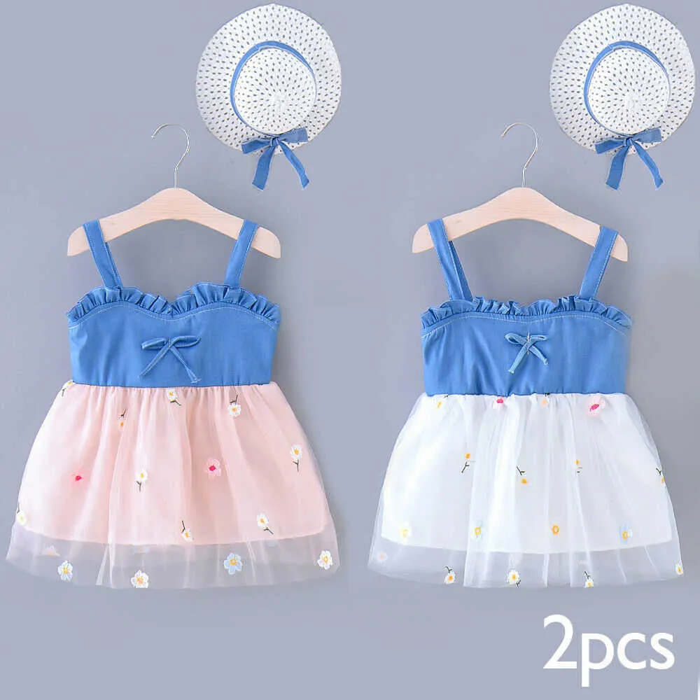 2020 Denim Beach Dress Baby Girls Clothes 2pcs Ärmlös Lace Suspender Princess Party Dress With Hat Kid Girl Q0716